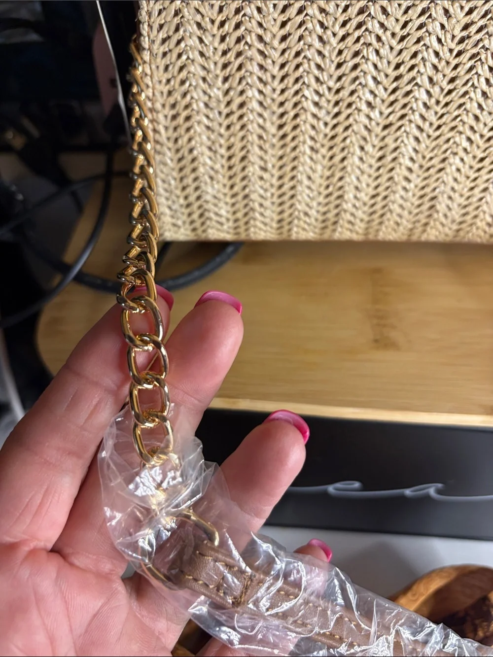 Woven Straw Satchel with Brown Trim and Gold Hardware